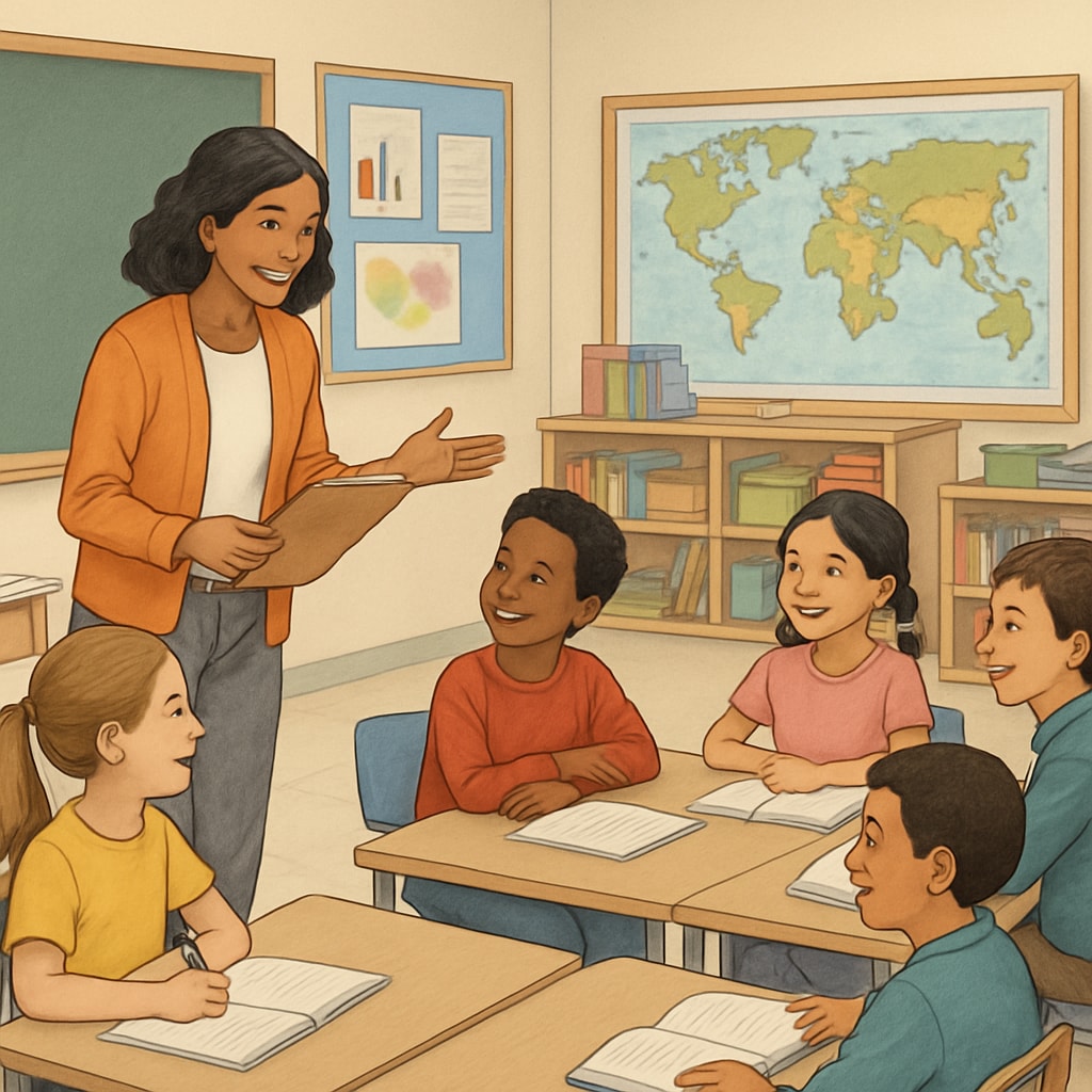 A classroom setting where a teacher is interacting with a diverse group of students, emphasizing inclusivity and personalized learning approaches. Teacher engaging with ADHD students in a diverse classroom, highlighting inclusivity.