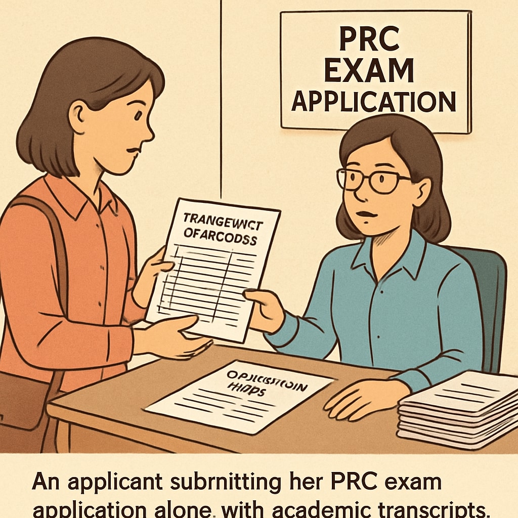 A professional environment where an applicant submits their PRC exam application, emphasizing the importance of transcripts for professional certification. Applicant submitting PRC exam application with transcripts as a required document.