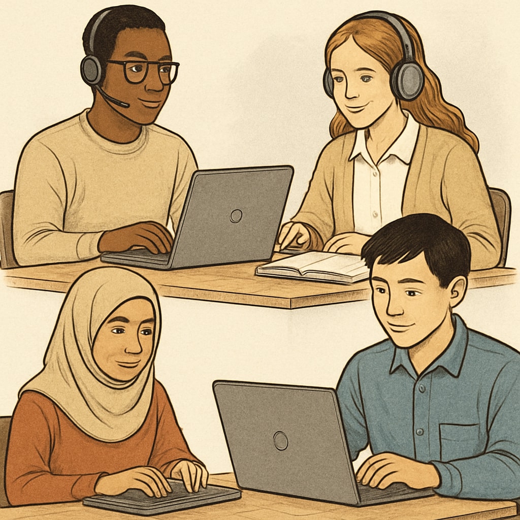 A diverse group of students studying online using laptops, representing flexible learning opportunities. Students studying online to earn high school diplomas through flexible learning programs.