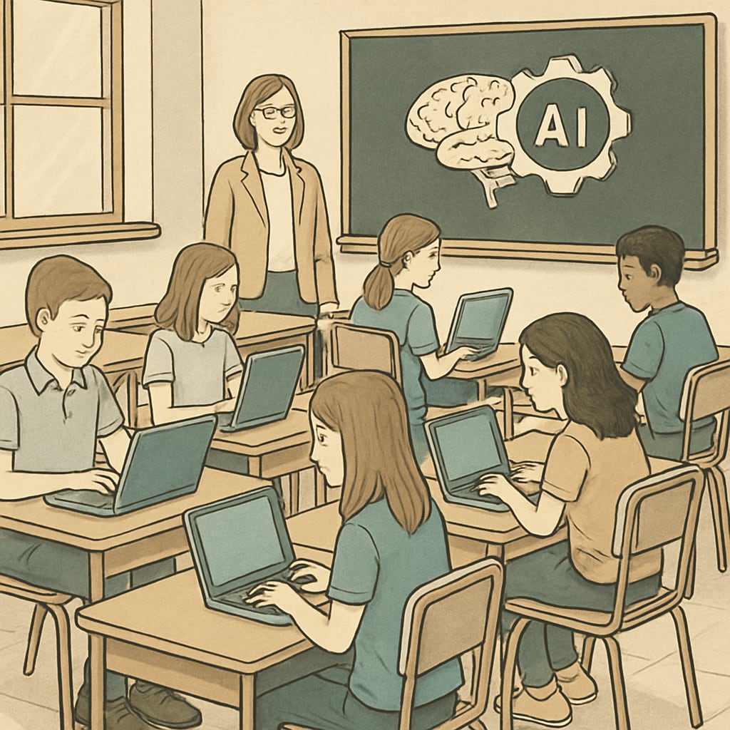 A classroom setting with students using laptops, symbolizing AI integration in education. Students in a classroom using laptops, representing AI tools in education.