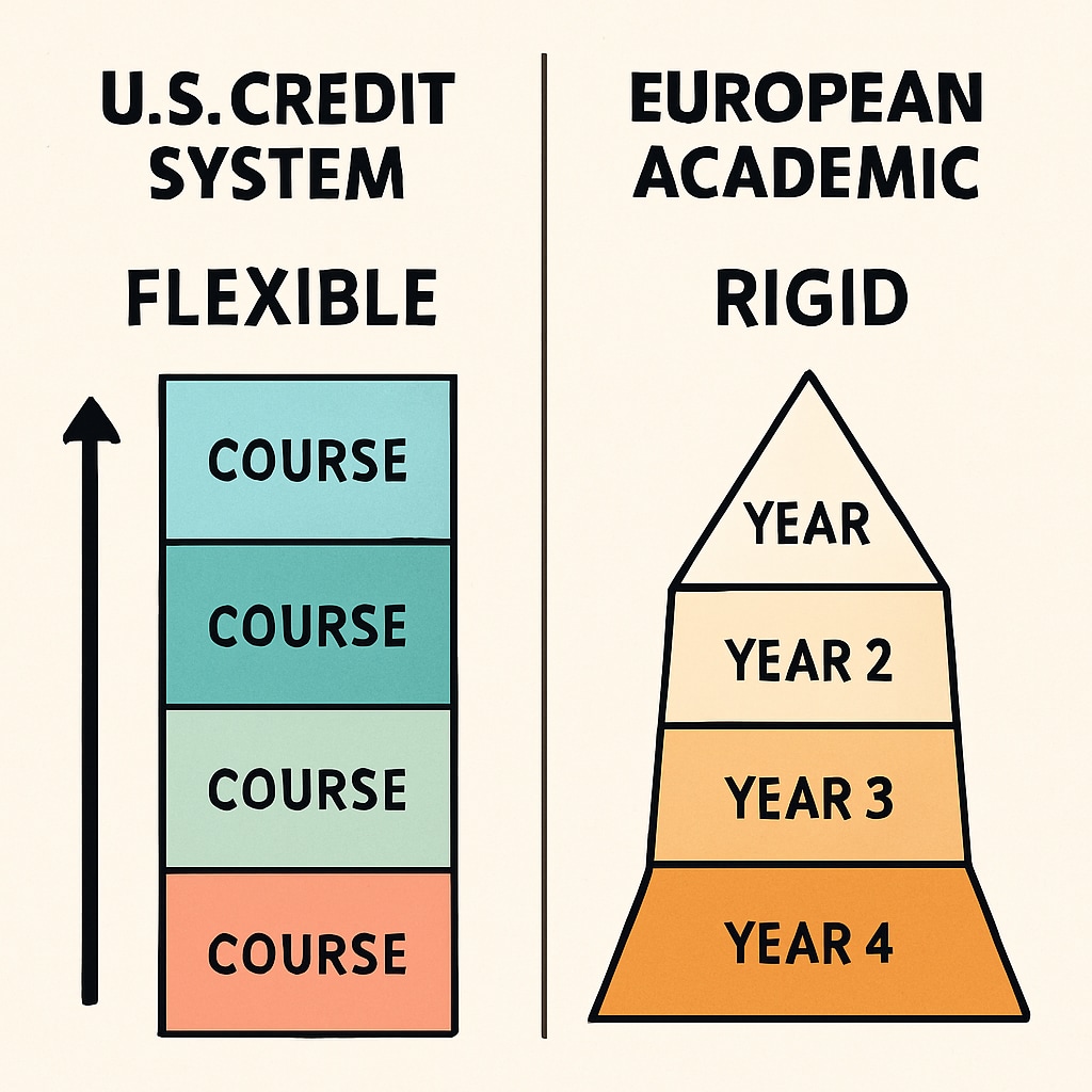 A visual comparison of the U.S. credit system and European academic models, highlighting flexibility vs. rigidity. Diagram comparing the U.S. credit system with European academic structures in education.