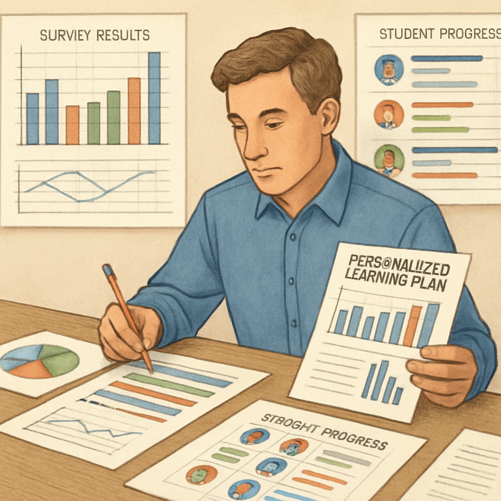 An educator analyzing survey data to create personalized learning plans for students. Educator analyzing survey data to personalize student learning.