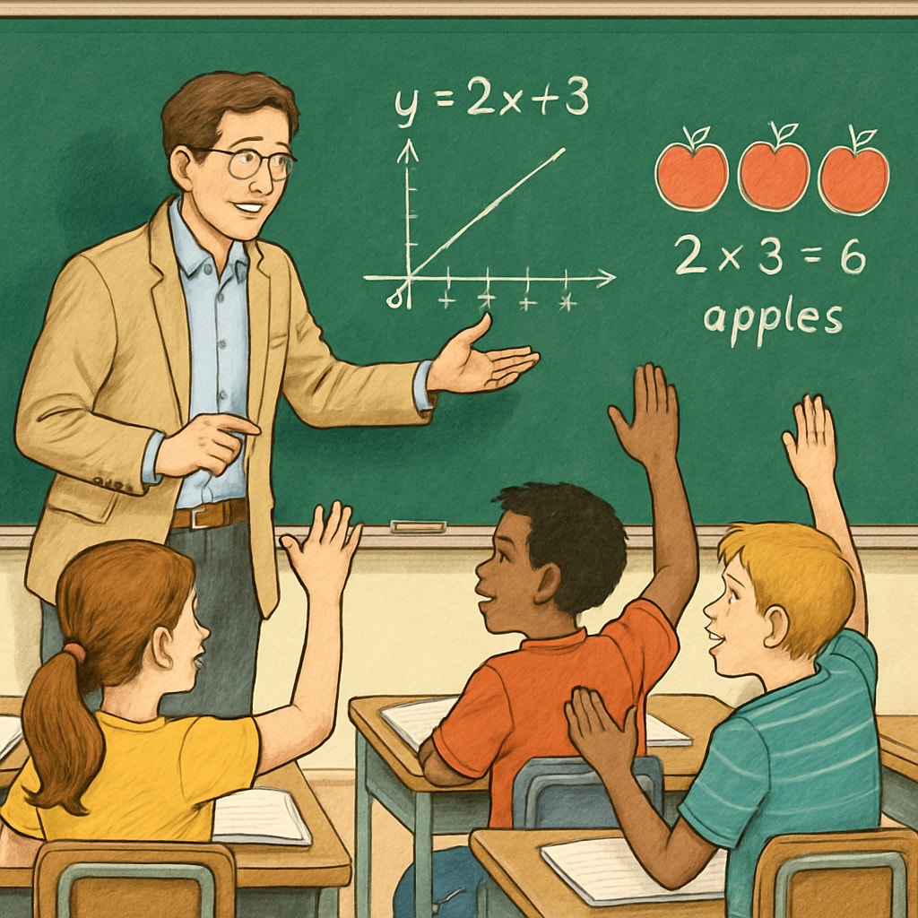 A teacher explaining mathematical concepts using real-world examples, with engaged students actively participating in a classroom discussion. Teacher using real-world examples to explain math, engaging students.