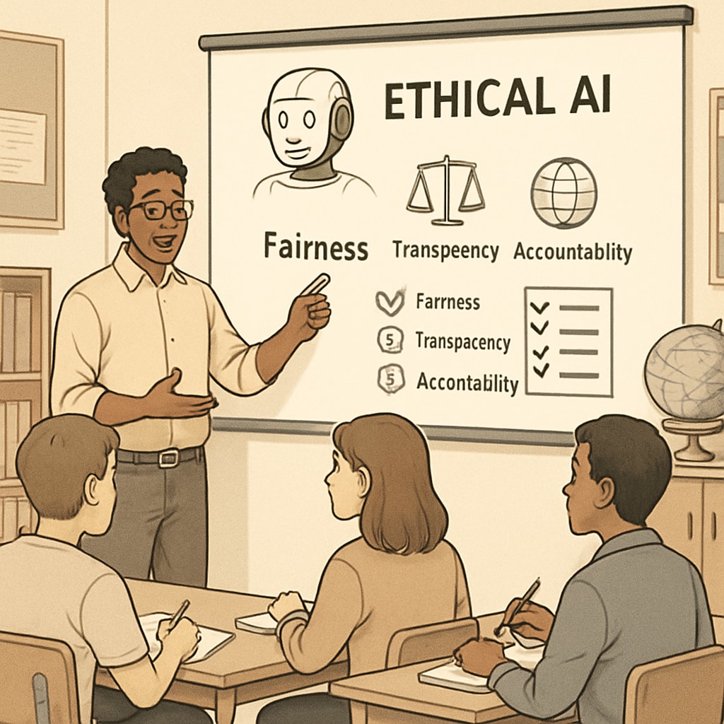 An educator explaining ethical AI usage to students in a classroom setting. Teacher discussing ethical AI usage with students in a classroom.