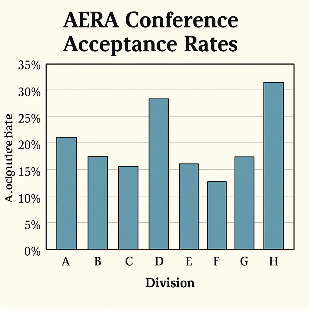 A chart illustrating the acceptance rates of different AERA conference divisions. Chart showing AERA conference divisions and acceptance rates.