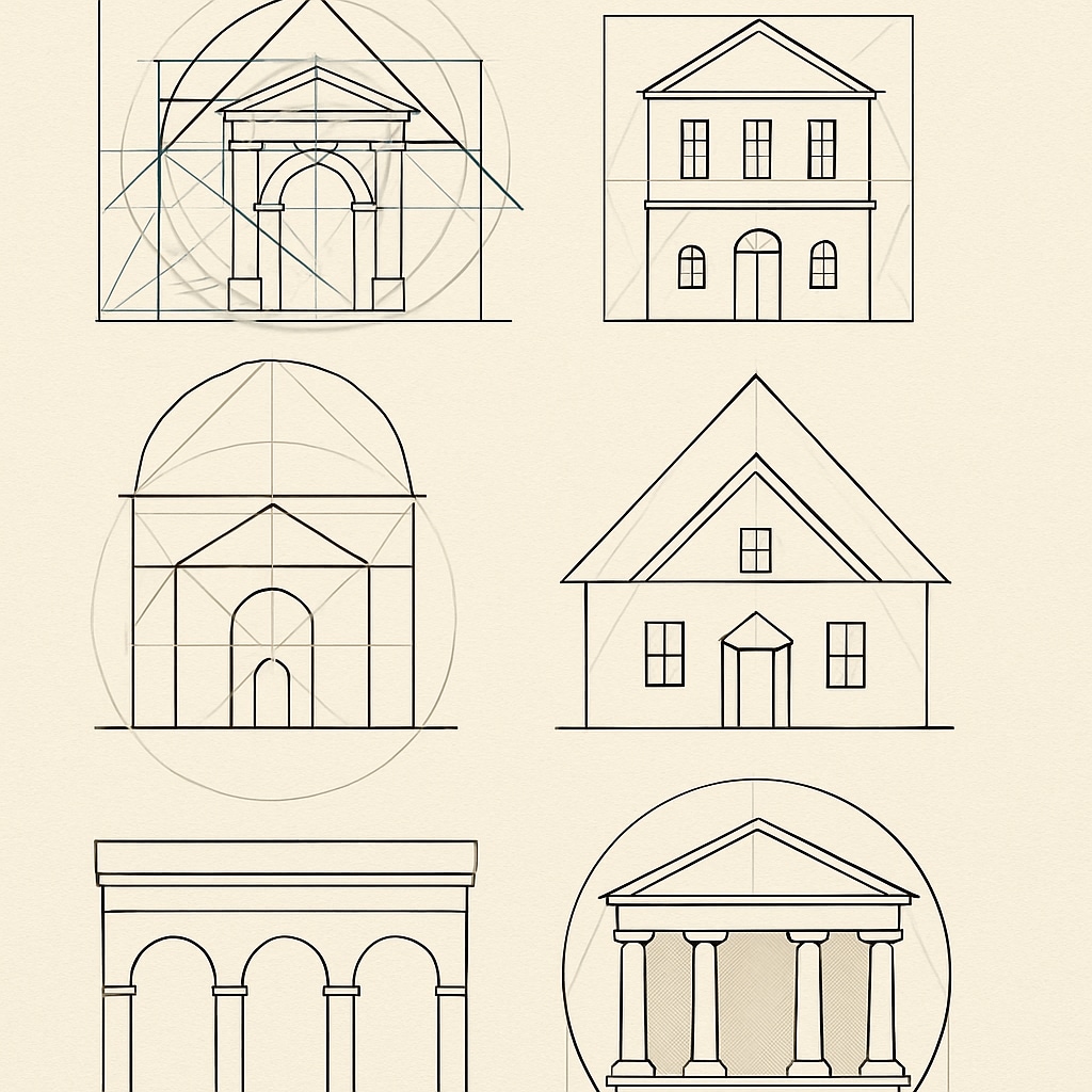 Illustration of architectural designs that use geometric principles, showcasing the intersection of math and creativity. Mathematical concepts in architecture, such as geometric patterns in building designs.