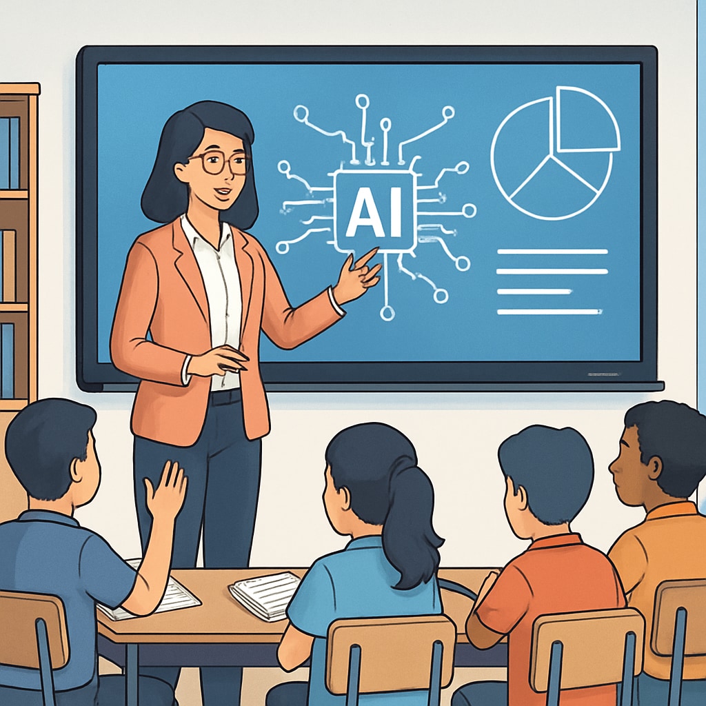 A teacher using an AI-powered smartboard to interact with students in a classroom. This image highlights the integration of technology in modern education. Teacher using AI-powered smartboard in a classroom