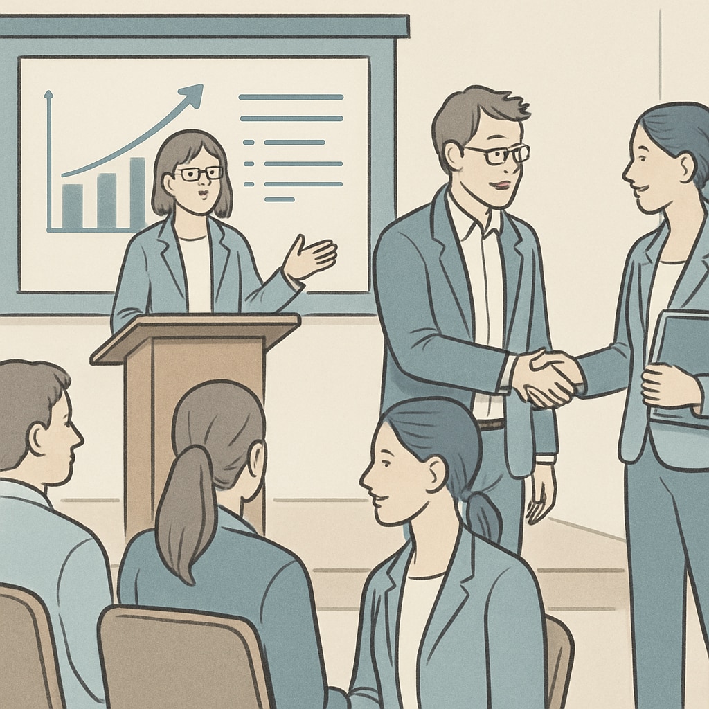 A group of researchers presenting at an academic conference, emphasizing networking and collaboration. Researchers presenting their work at a conference, symbolizing collaboration.