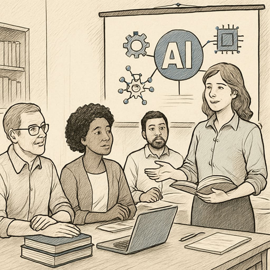An educator attending a professional development workshop on AI integration in schools. This image emphasizes the importance of teachers adapting to technological advancements. Educator learning AI integration in professional workshop
