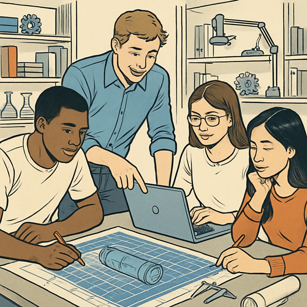 A group of students collaborating on a design engineering project in a modern workspace. Students working on a design engineering project.