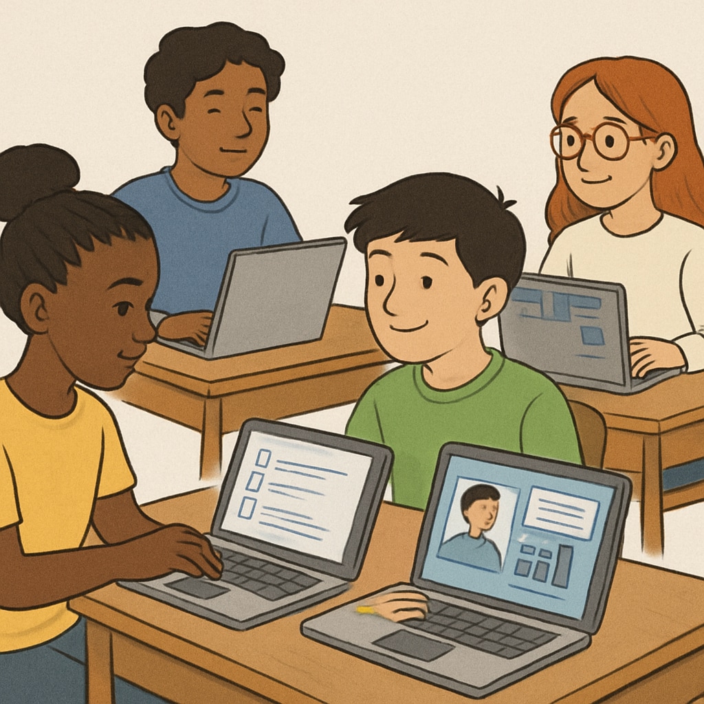 A diverse group of students studying on laptops, representing the concept of personalized online learning. Students engaged in personalized learning through public online school platforms.