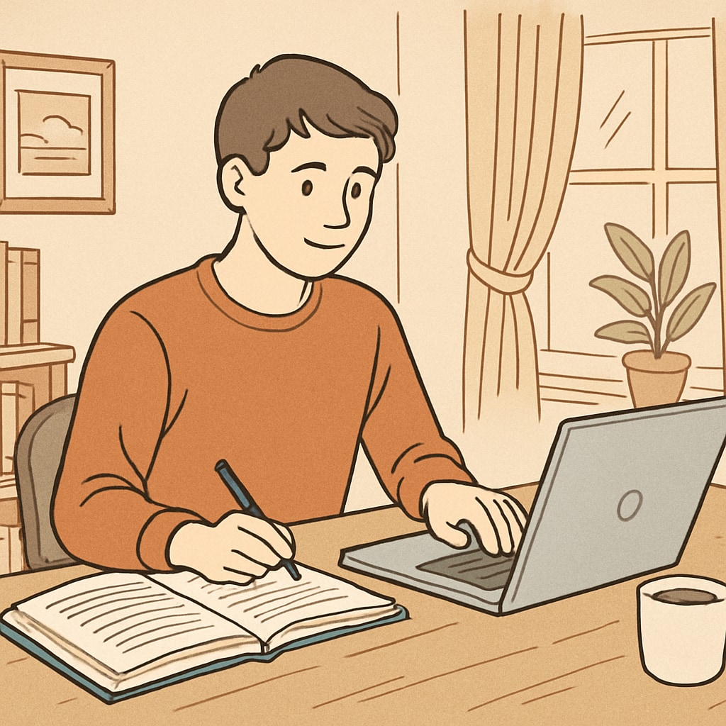 A student studying on a laptop at home, representing the flexibility of online learning. Online high school diploma flexibility for international students