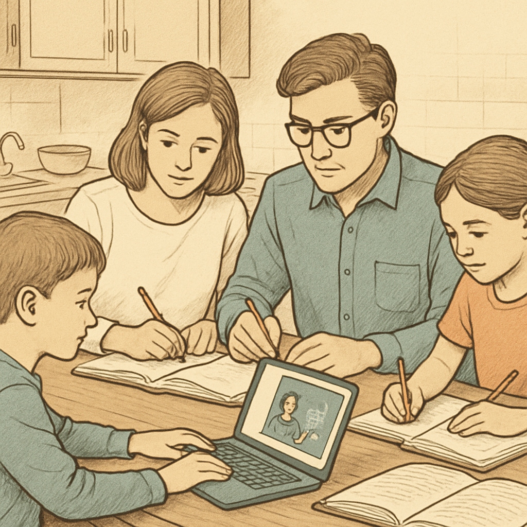 A family working together at a kitchen table with a child attending an online class on a laptop. A family balancing work and education through public online schooling.