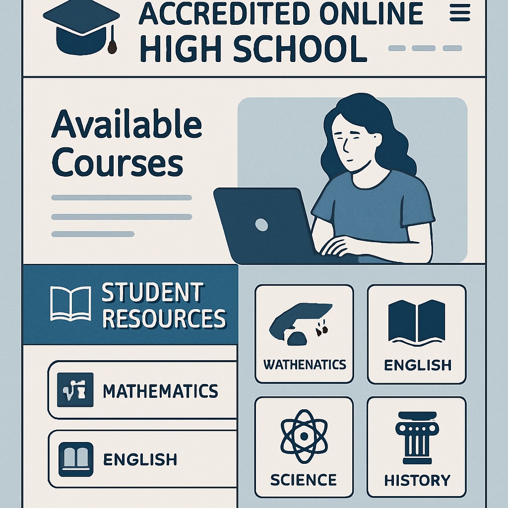 A screenshot of an accredited online high school website, highlighting available courses and student resources. Accredited online high school programs for international students