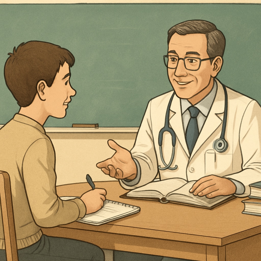 A student conducting an interview with a doctor in a classroom setting, highlighting the interactive learning experience. Student interviewing a doctor as part of a medical career project.