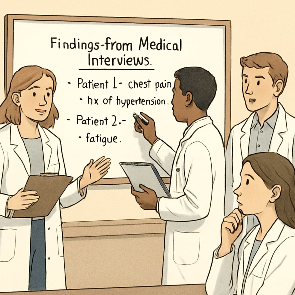 Students presenting their findings from medical interviews in a classroom, showcasing teamwork and reflection. Classroom presentation of medical interview findings by students.