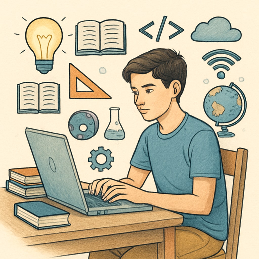 Teenager coding on a laptop, representing programming and AI career exploration.