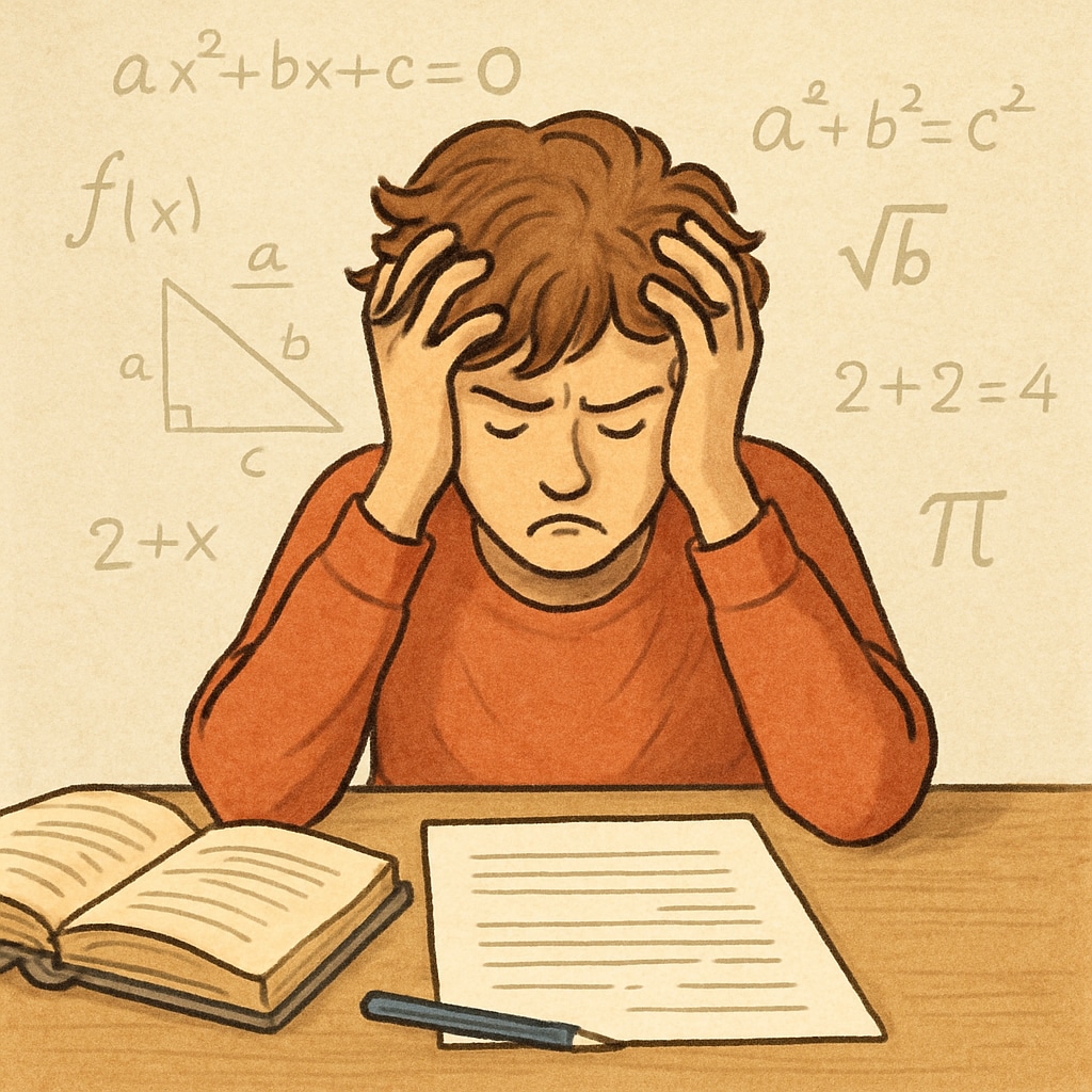 A frustrated student experiencing math anxiety during an exam.