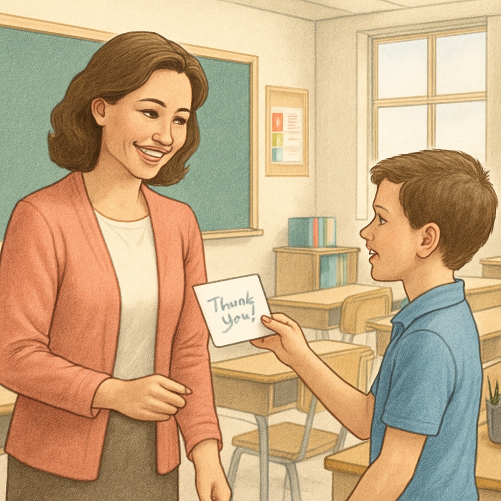 A smiling teacher receiving a handwritten note from a student in a brightly-lit classroom. A teacher receiving a note of gratitude from a student, symbolizing teacher-student connection.