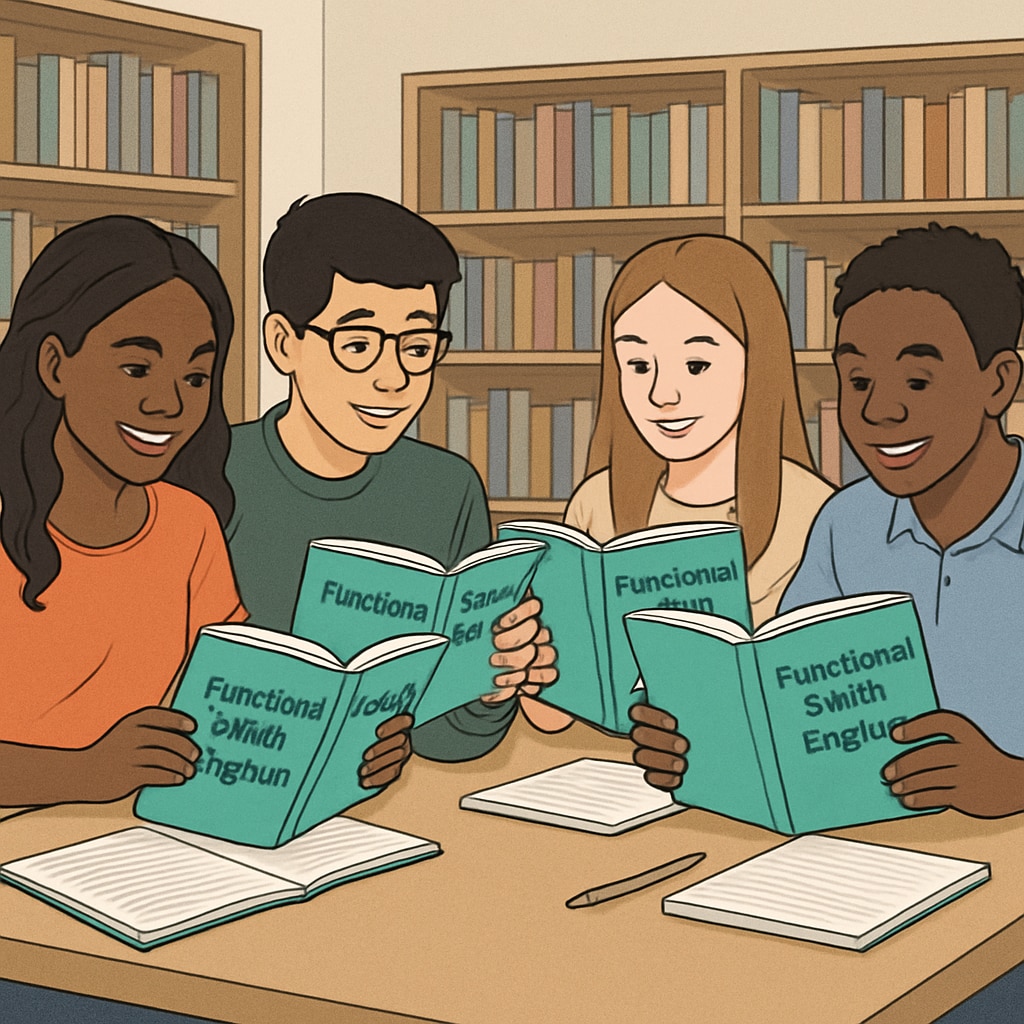A group of diverse students studying Functional Skills English textbooks together in a library. Students preparing for Functional Skills English reading exams by studying textbooks.