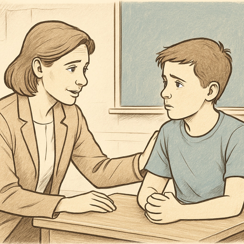 A teacher sitting at eye level with a student, engaged in a heartfelt conversation. A teacher and student engaging in meaningful interaction, symbolizing respect and gratitude.