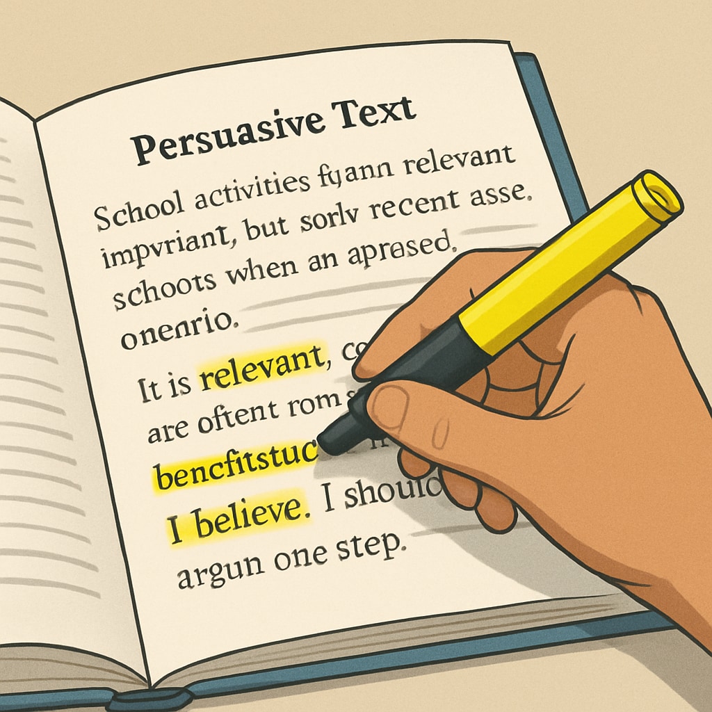 A close-up of a student highlighting key phrases in a persuasive text. Student analyzing persuasive text for Functional Skills English reading practice.