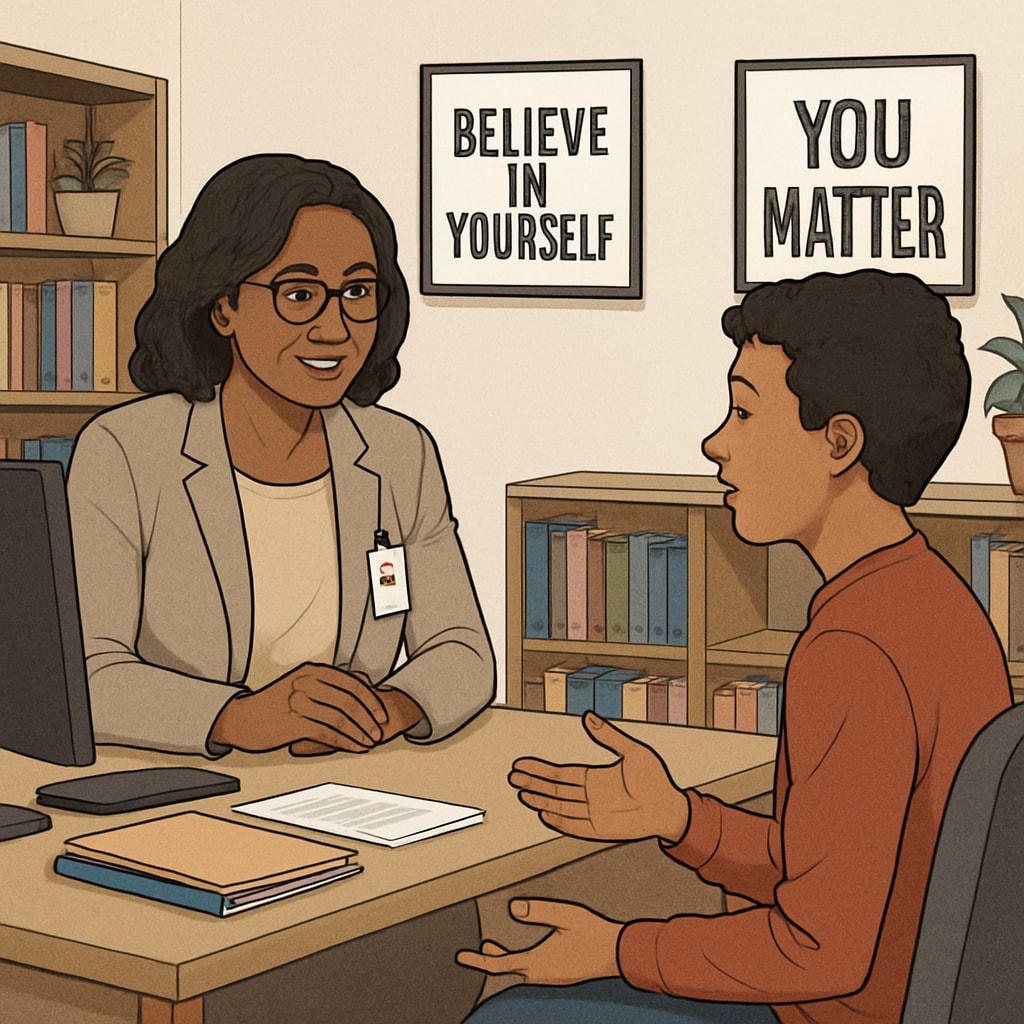 School counselor speaking to a student in an office setting.