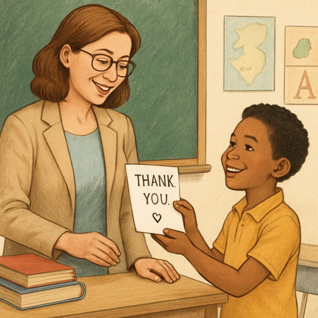 Teacher receiving a thank-you card, illustrating student gratitude.