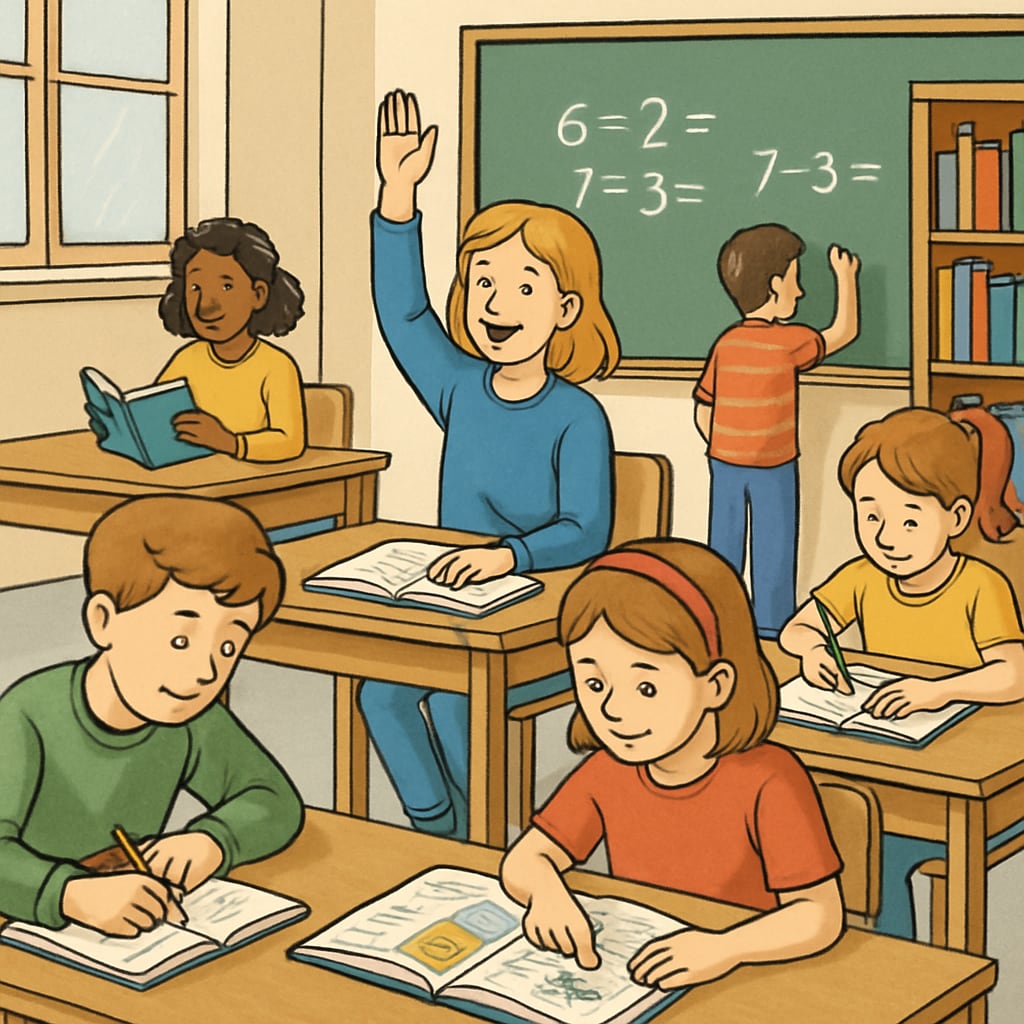 A classroom with students engaged in activities without visible mobile phones, symbolizing a distraction-free learning environment. Students in a phone-free classroom, highlighting a focused learning atmosphere.