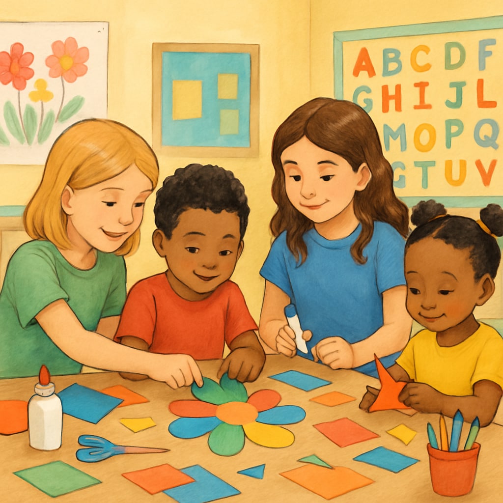Kindergarten and fourth-grade students collaborating on a craft project.
