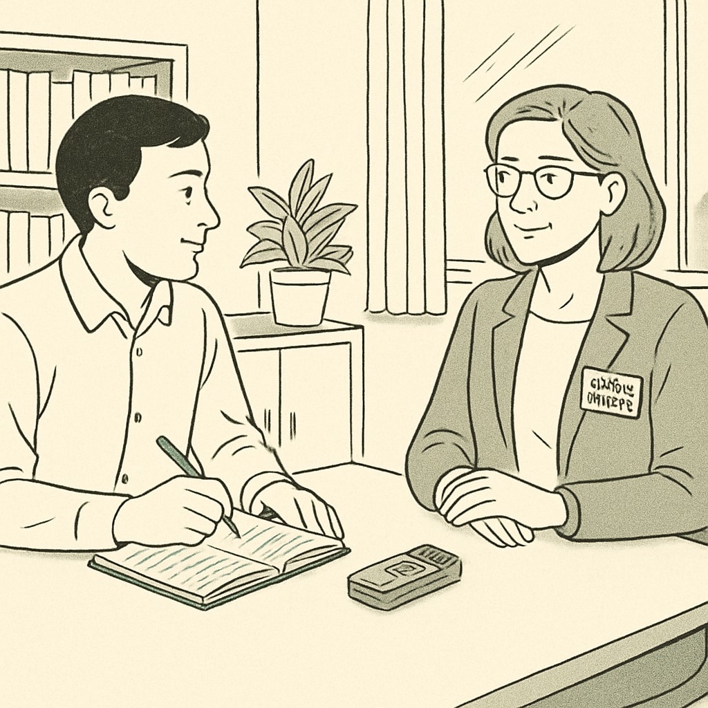 Researcher interviewing a school counselor in an office, with research tools visible.