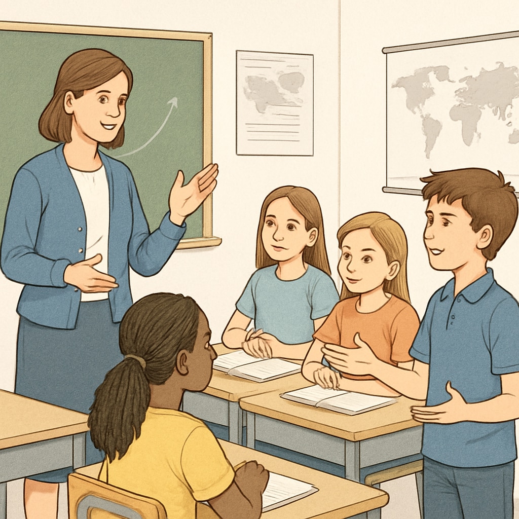 Teacher and students in a collaborative classroom discussion, emphasizing respect.