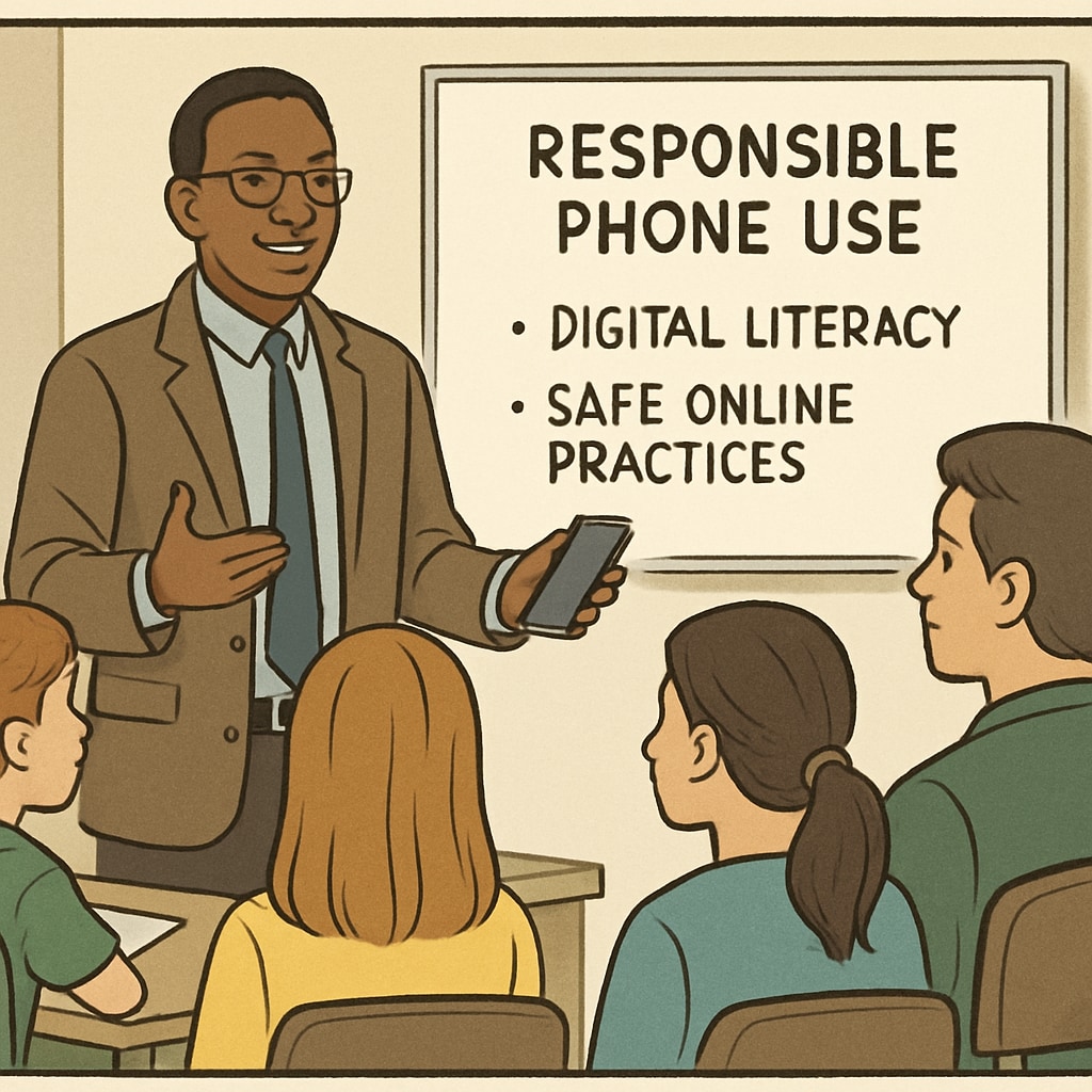 A school administrator conducting a workshop on responsible phone use for students and parents, highlighting digital literacy. Workshop on digital literacy and responsible phone use in schools.