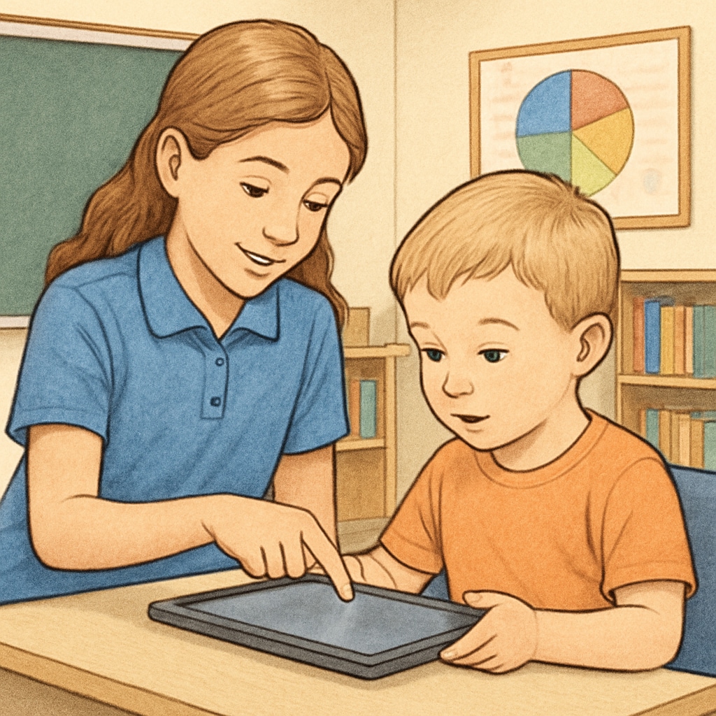 A fourth grader assisting a kindergartener with tablet use.