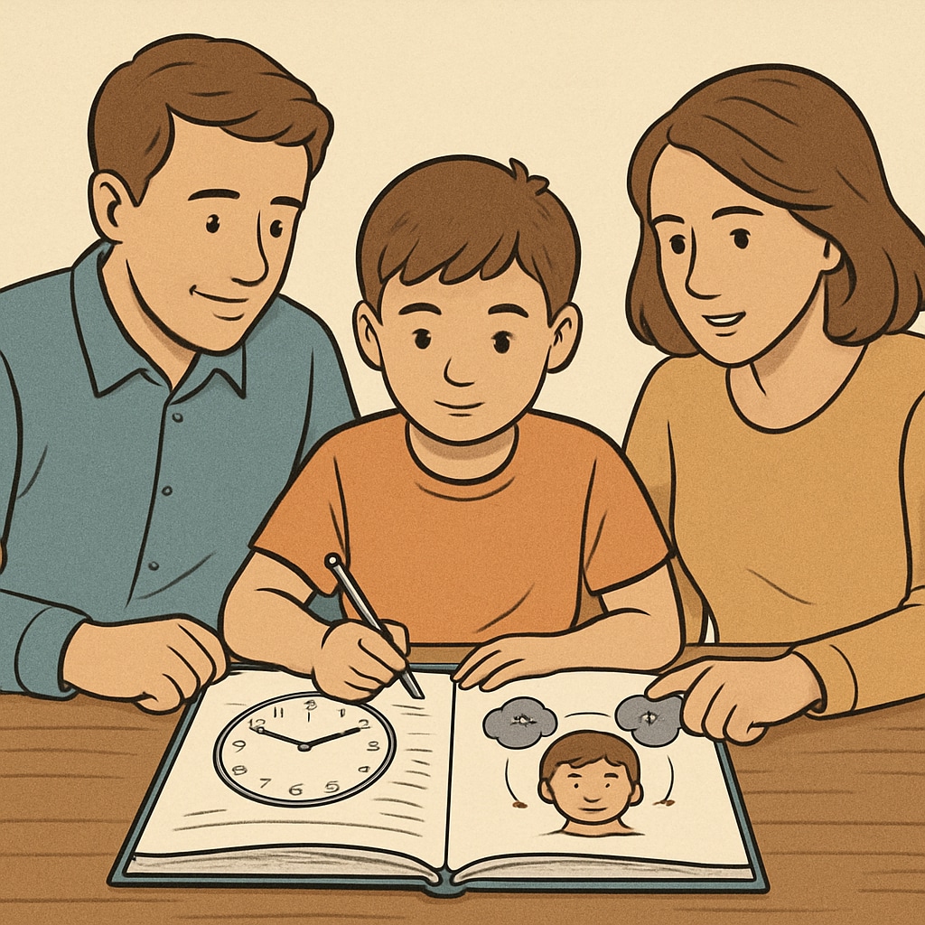 A family sitting together at a desk, learning strategies for time management and emotional regulation. A family learning executive function strategies together, focusing on time management and emotional regulation.