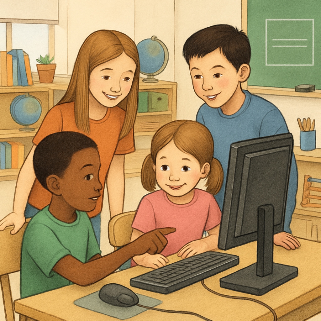 A group of kindergarten and fourth-grade students collaborating on a computer-based activity in a classroom setting. Kindergarten and fourth-grade students working together on a computer-based project.