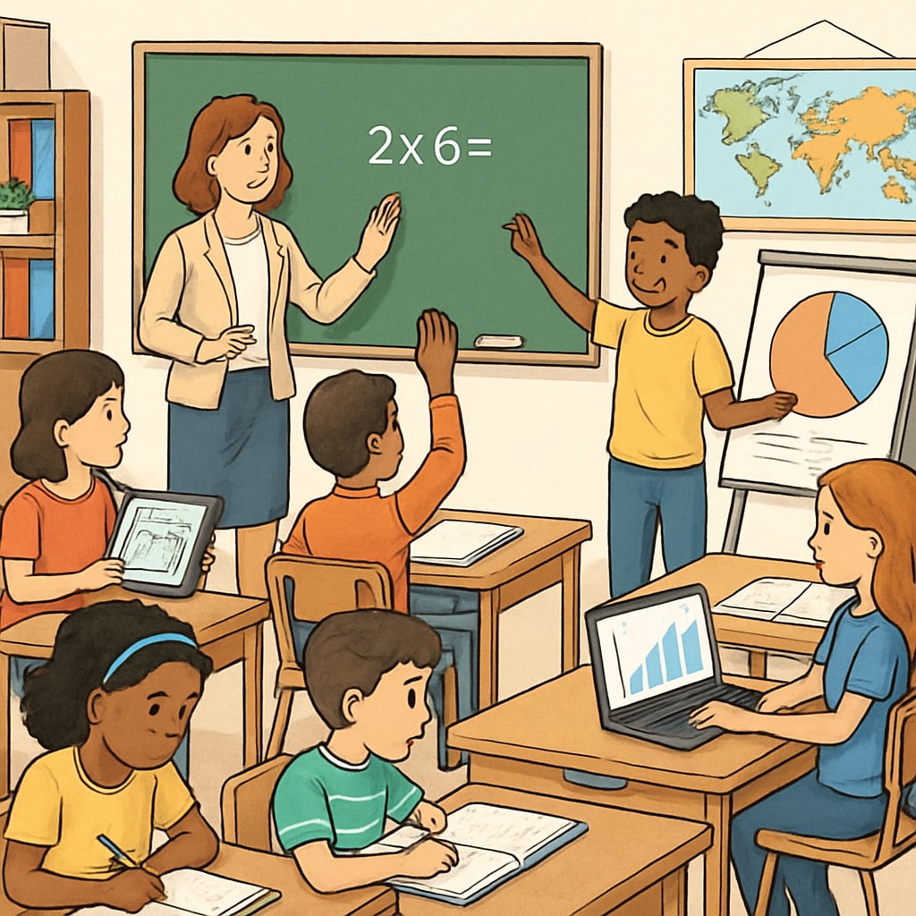 A classroom setting where students are engaged in various learning activities, illustrating diverse educational strategies. Students in a classroom participating in various learning activities, showcasing effective learning strategies.