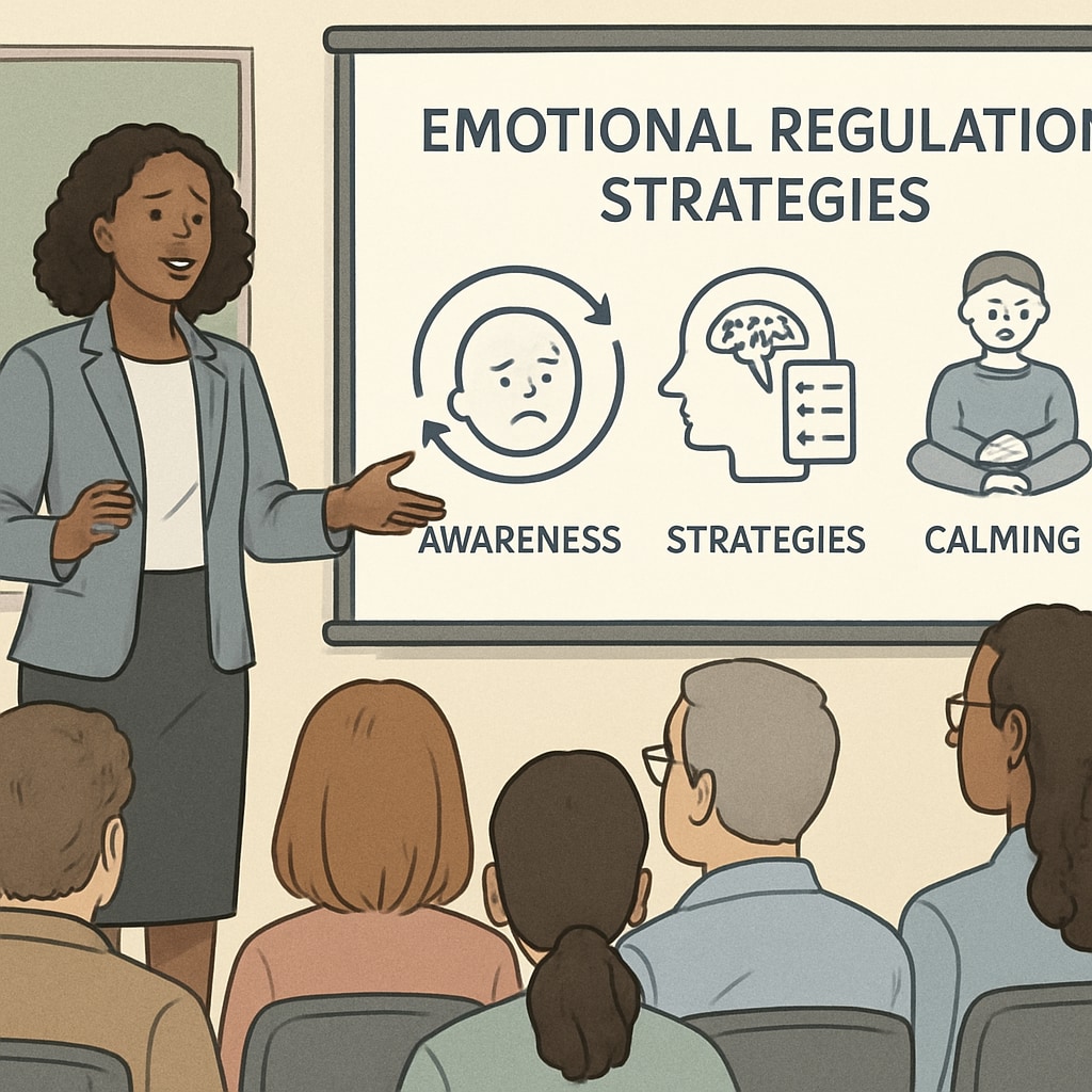 An educational expert presenting a session on emotional regulation strategies at the summit. An expert teaching emotional regulation strategies to support children with ADHD and ASD.