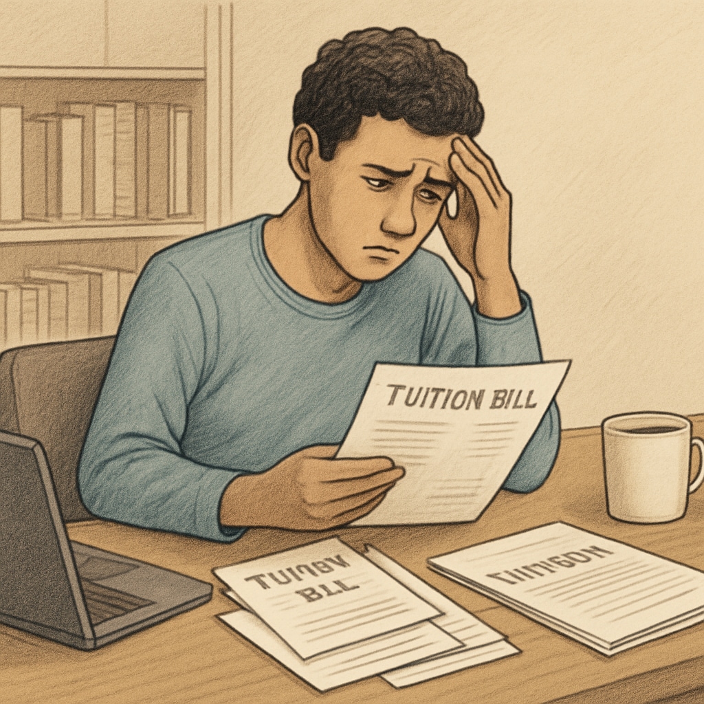An image of a student looking concerned while reviewing tuition bills, symbolizing the struggle of unpaid balances and transcript access. Student reviewing tuition bills, highlighting transcript and tuition challenges.