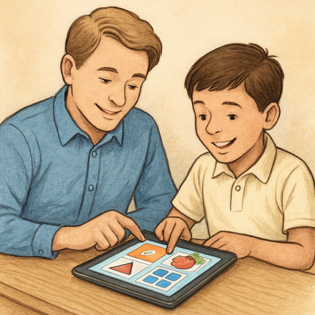 Two students, one older and one younger, working together on a tablet, with a colorful educational app on the screen. Older and younger students collaborating on a tablet educational app.