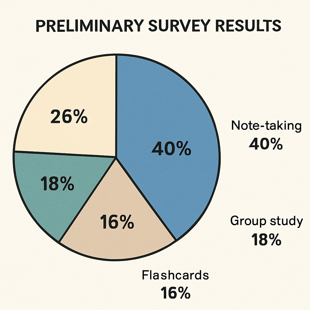 A pie chart showing preliminary results from the survey, such as the percentage of respondents who use specific learning techniques like note-taking or group study. Pie chart displaying survey data on K12 learning strategies, including note-taking and group study methods.