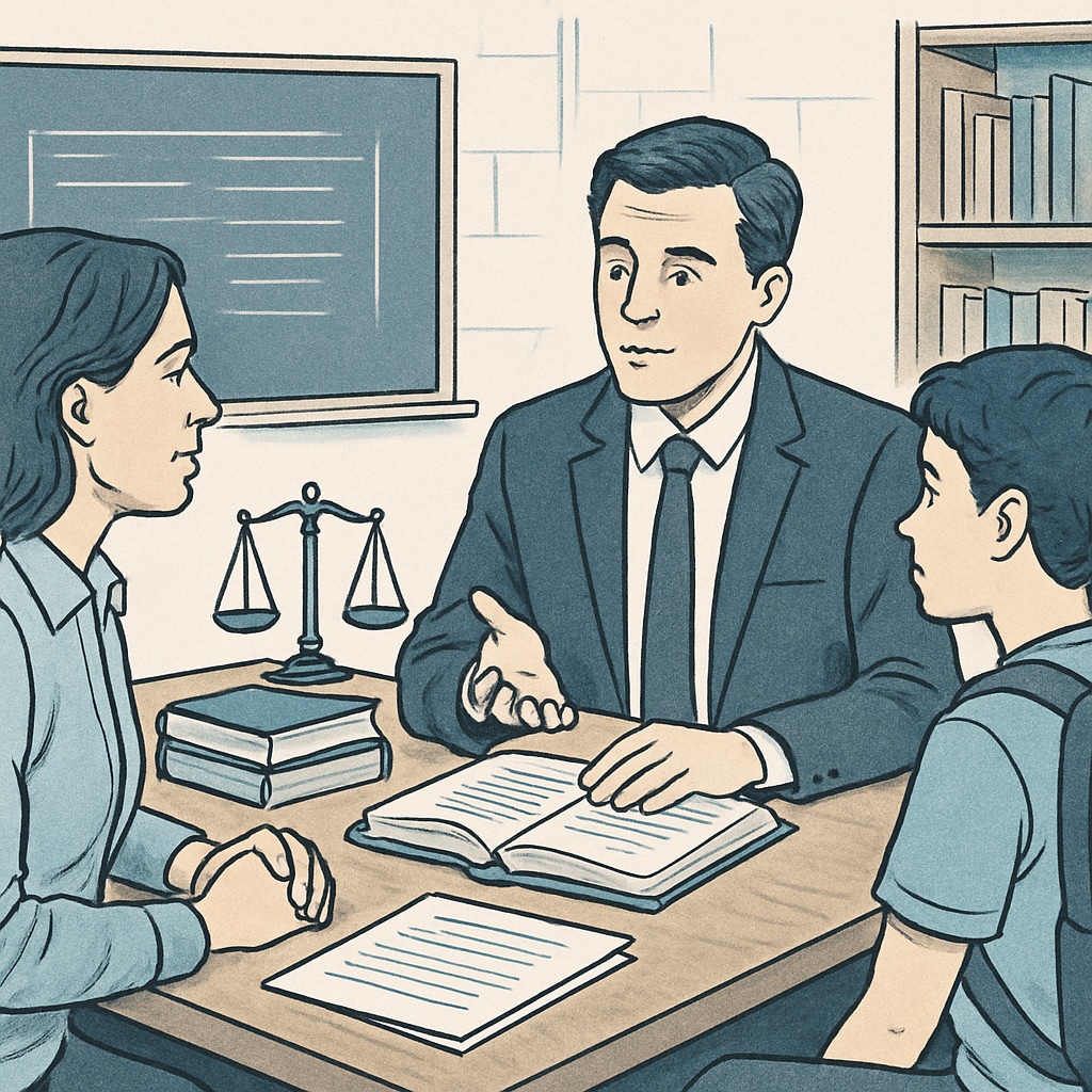 A legal professional discussing options with a parent and student, representing advocacy and support. Legal professional consulting with a parent and student about transcript issues.