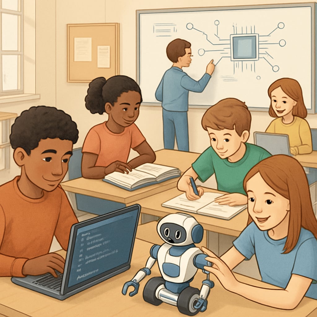 A classroom where students are engaged in both technical work (coding, robotics) and traditional academic study (reading, writing). The image shows students collaborating in a modern, interactive learning environment. Students engaging in vocational and academic studies in a classroom setting