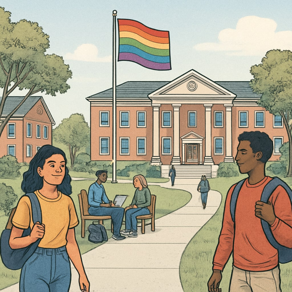 A photograph of a college campus with a pride flag prominently displayed, symbolizing LGBTQ+ inclusivity. A college campus with a pride flag, symbolizing gender inclusivity and support for transgender rights.