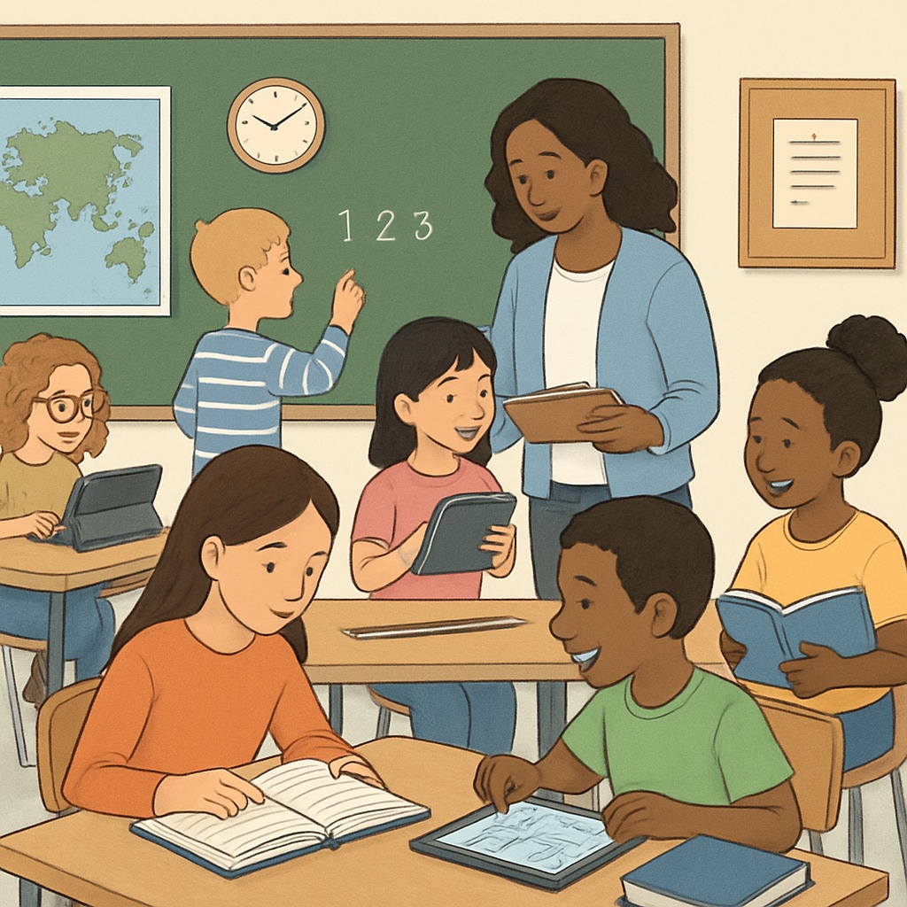 A classroom scene with students using different learning tools, illustrating diverse study methods. Students in a classroom employing diverse K12 learning methods as part of a research project.