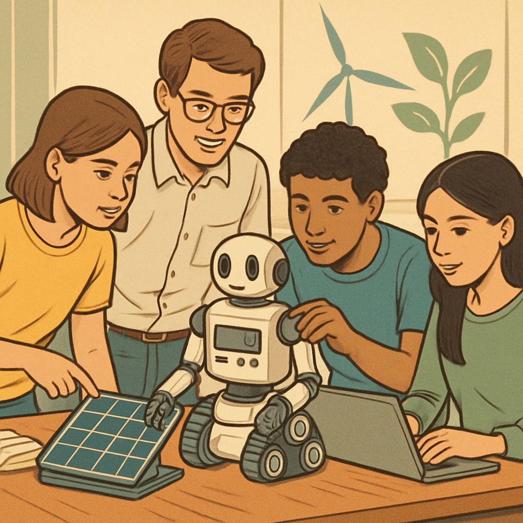 Students working collaboratively on a STEM project involving robotics and eco-friendly technology. The image demonstrates innovation and teamwork in a blended learning environment. Students collaborating on a robotics and technology STEM project