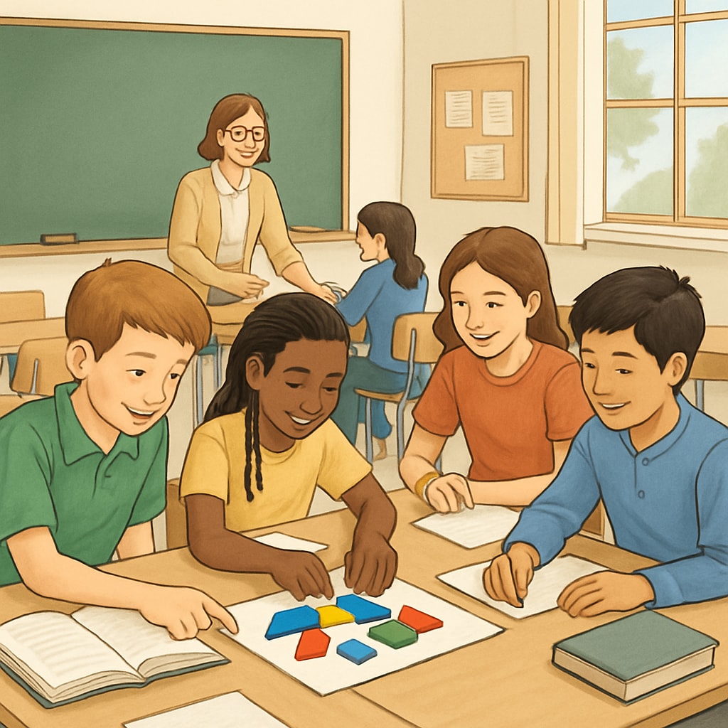 An image of students engaging in a collaborative learning activity in a classroom setting, emphasizing hands-on and interactive learning methods. Students in a classroom participating in a hands-on learning activity, representing effective learning methods.