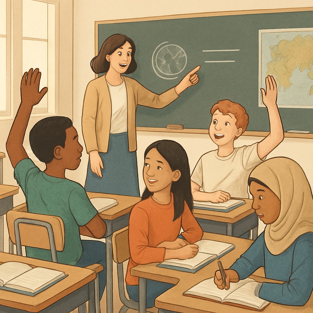 A classroom setting where students of diverse backgrounds are engaged in a lesson, emphasizing inclusivity and diversity. A diverse classroom setting that highlights inclusivity and respect for all genders.