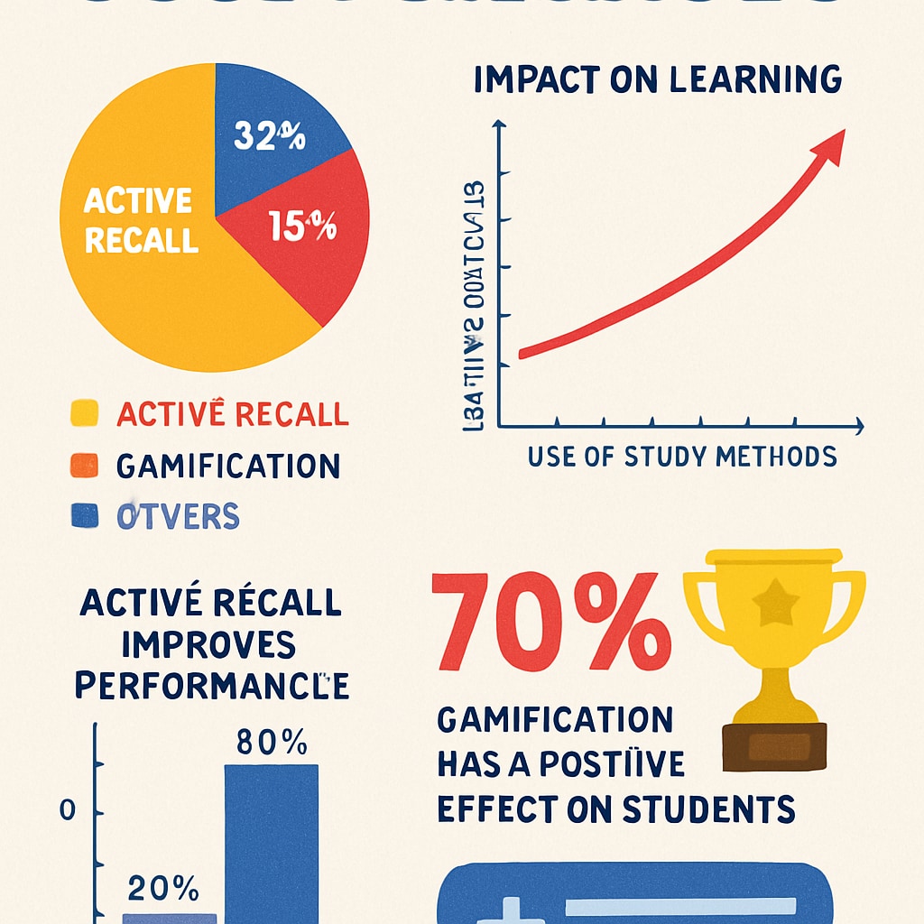 An infographic displaying statistics about study methods, such as active recall and gamification, and their impact on learning outcomes. Statistics infographic on K12 study methods like active recall and gamification.