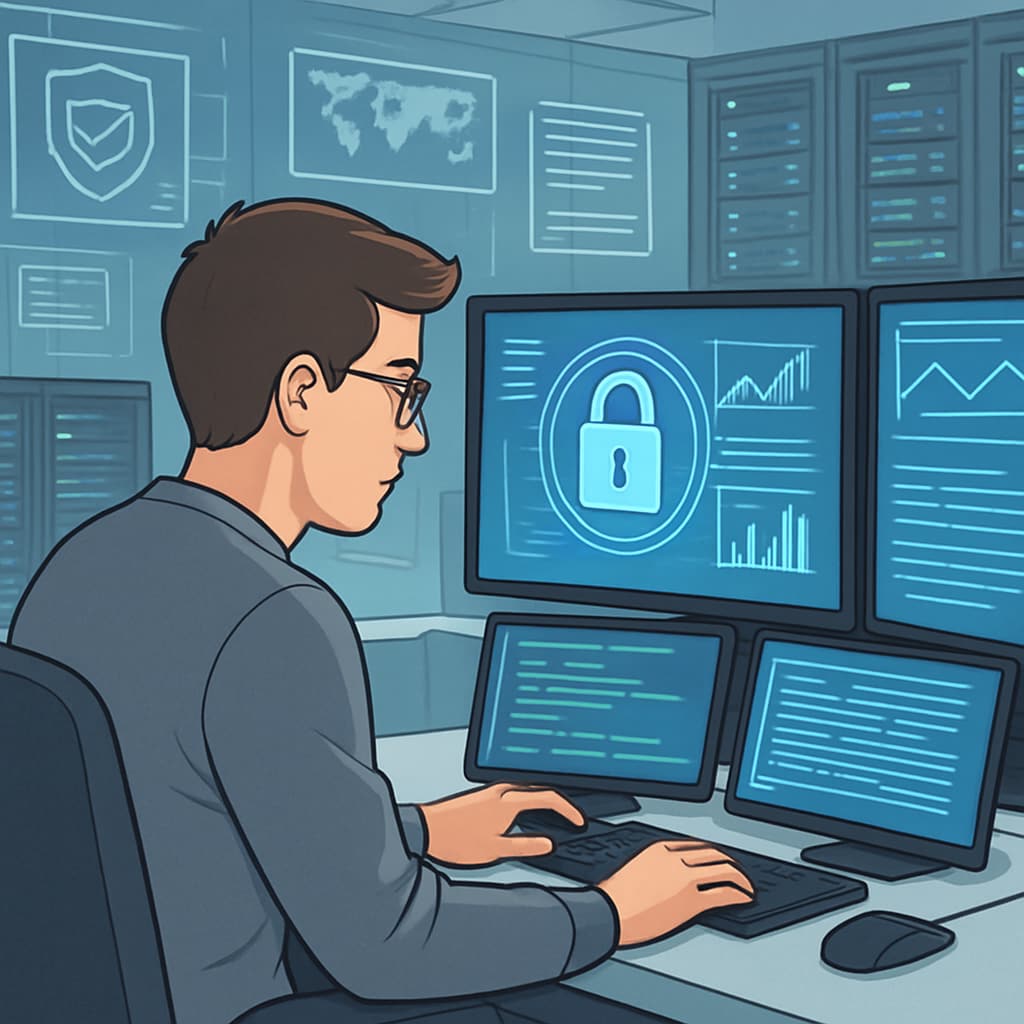 A young cybersecurity professional working on sensitive data in a high-tech environment. Cybersecurity professional analyzing data for security breaches in a technical setting.
